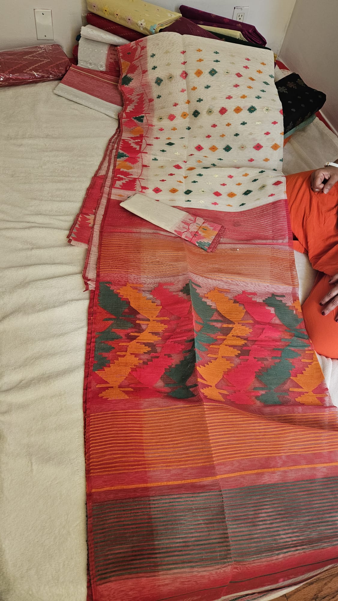 Jamdani Saree in red and beige with Geometric  Patterns