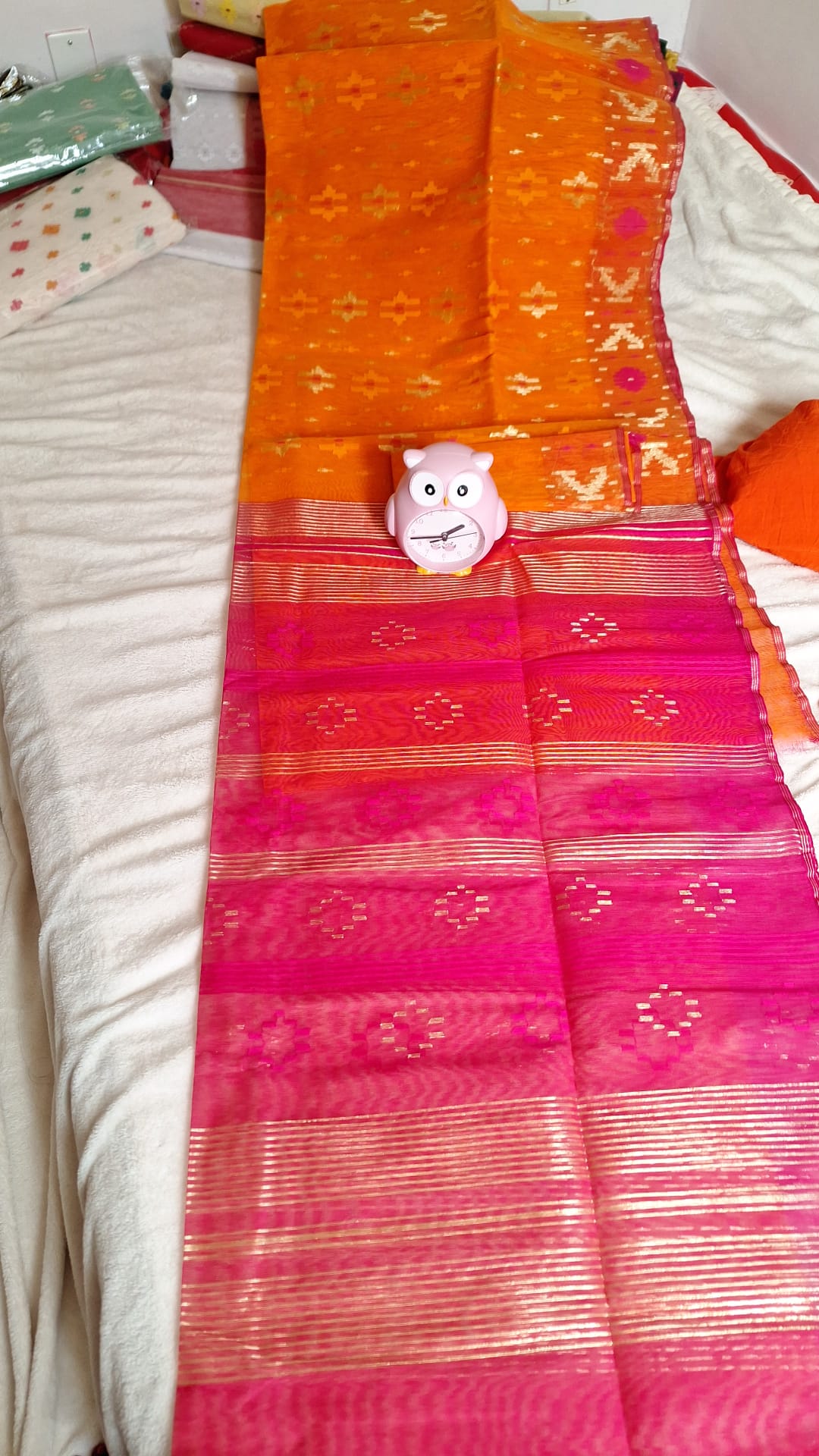 Orange & Pink Handwoven Jamdani Saree with Golden Zari Detailing
