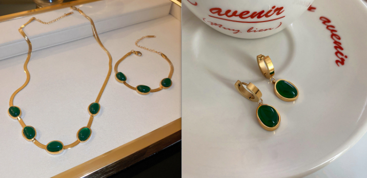 Fashion Jewelry Green Stone Crytal Snake Chain Multilayer Necklace For Women Pendant Boho Fashion Jewelry Gift — Threepiece