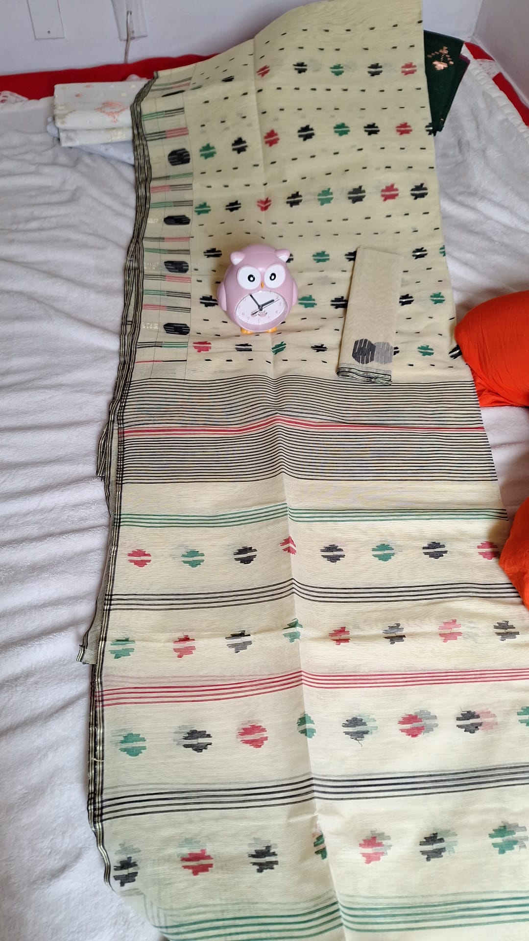 Elegant Off-White Jamdani Saree with Multicolor Motifs