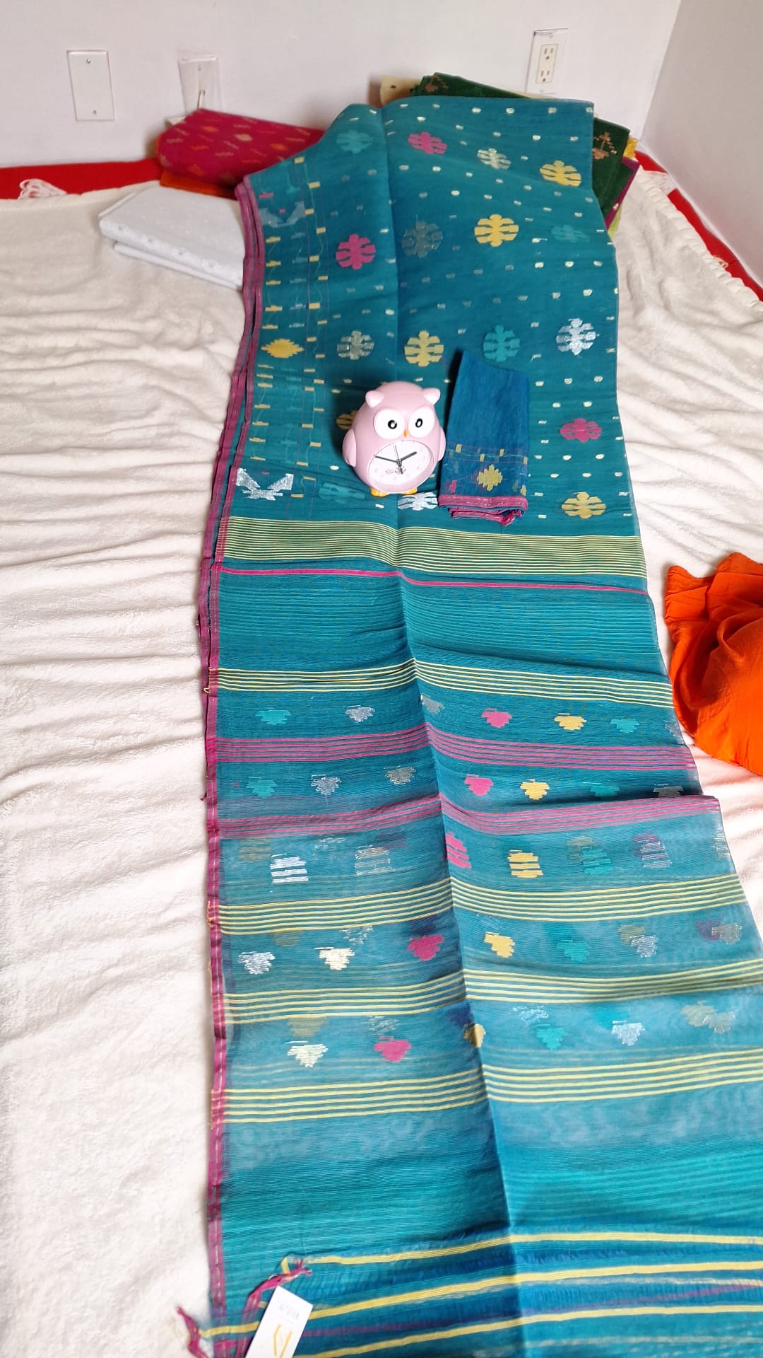 Vibrant Teal Jamdani Saree with Multicolor Motifs